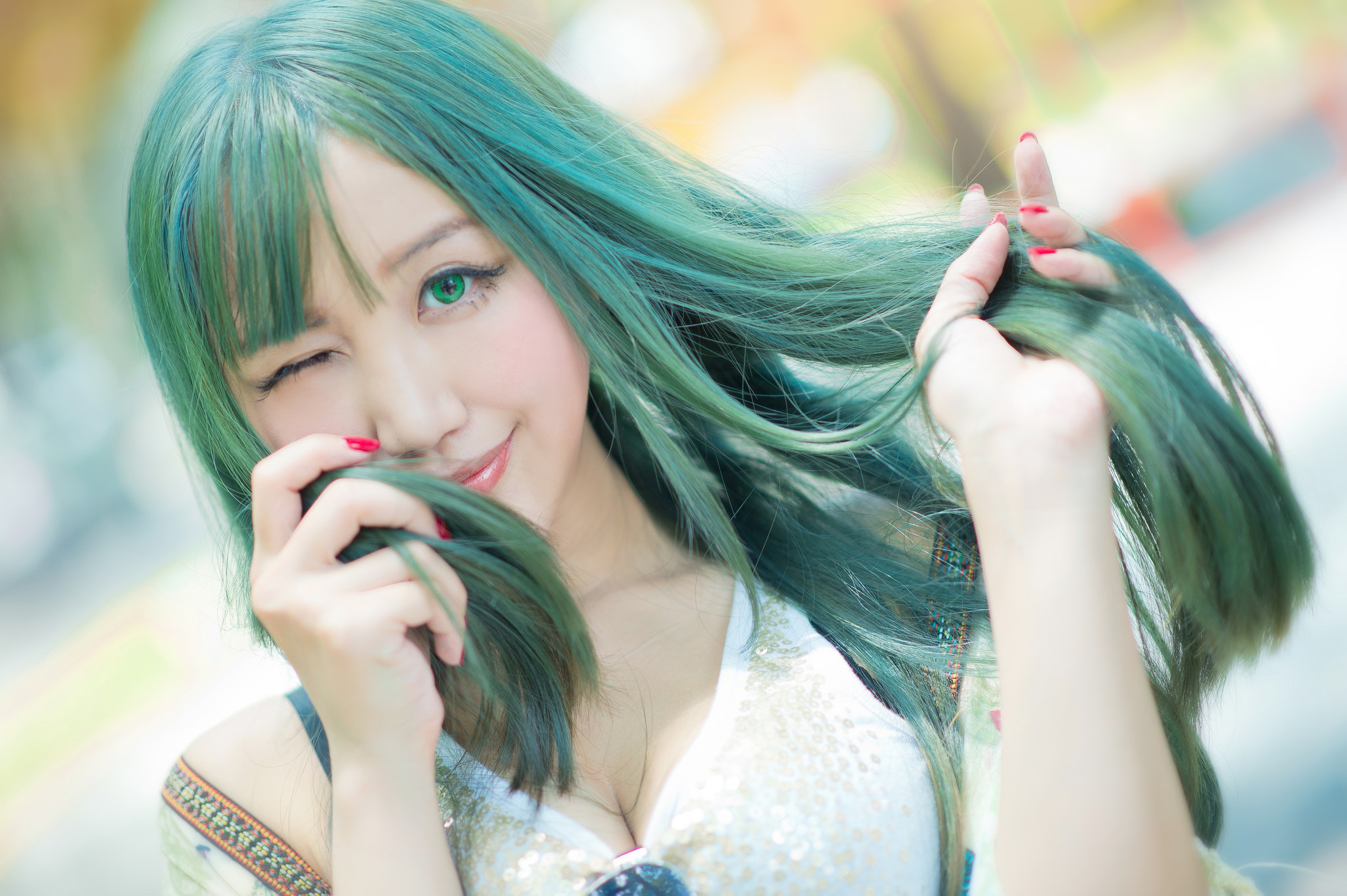 Asian green hair babysitter cumshot