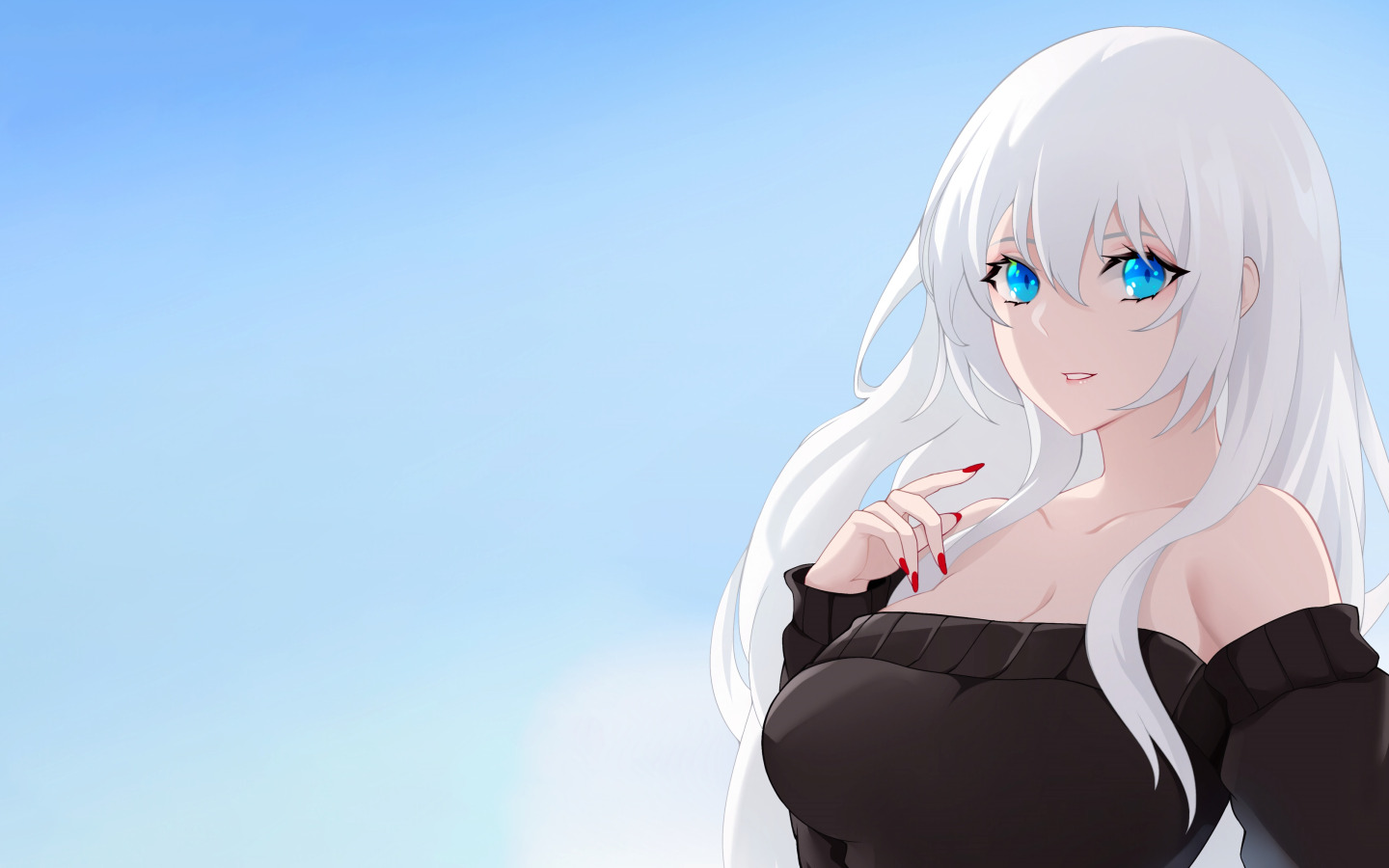 Download wallpaper girl, sexy, cleavage, blouse, long hair, boobs, smile,  anime, blue eyes, beautiful, pretty, lips, face, breasts, attractive,  handsome, section seinen in resolution 1440x900