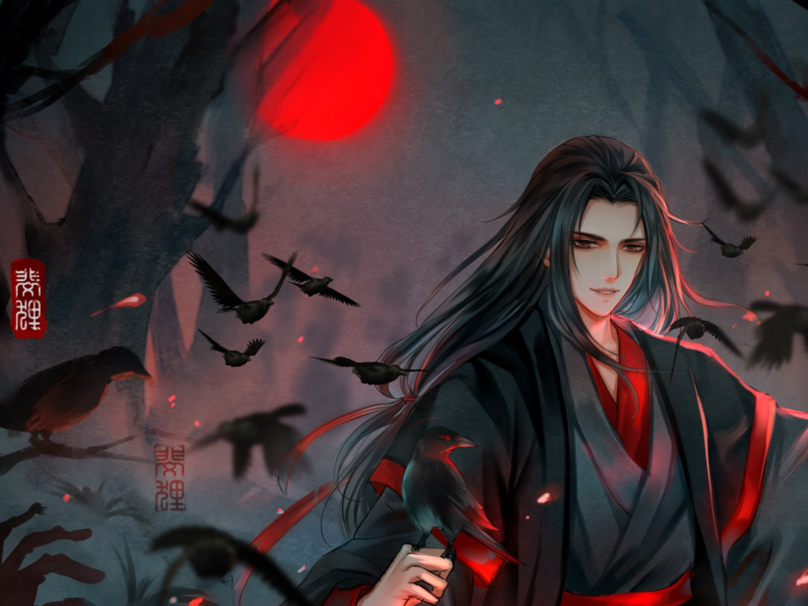 blood Moon, black crows, fog in the forest, Chinese clothing, Mo Dao Zu Shi...