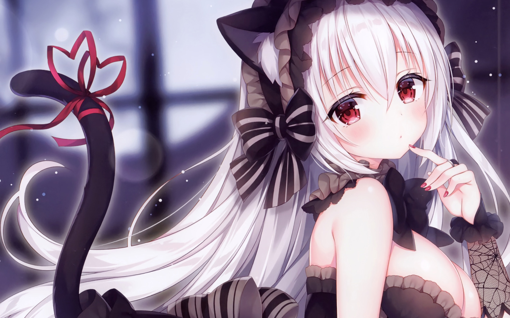 Download wallpaper girl, sexy, cleavage, long hair, dress, boobs, anime,  beautiful, red eyes, pretty, breasts, attractive, handsome, white hair,  neko girl, mini dress, section seinen in resolution 1680x1050
