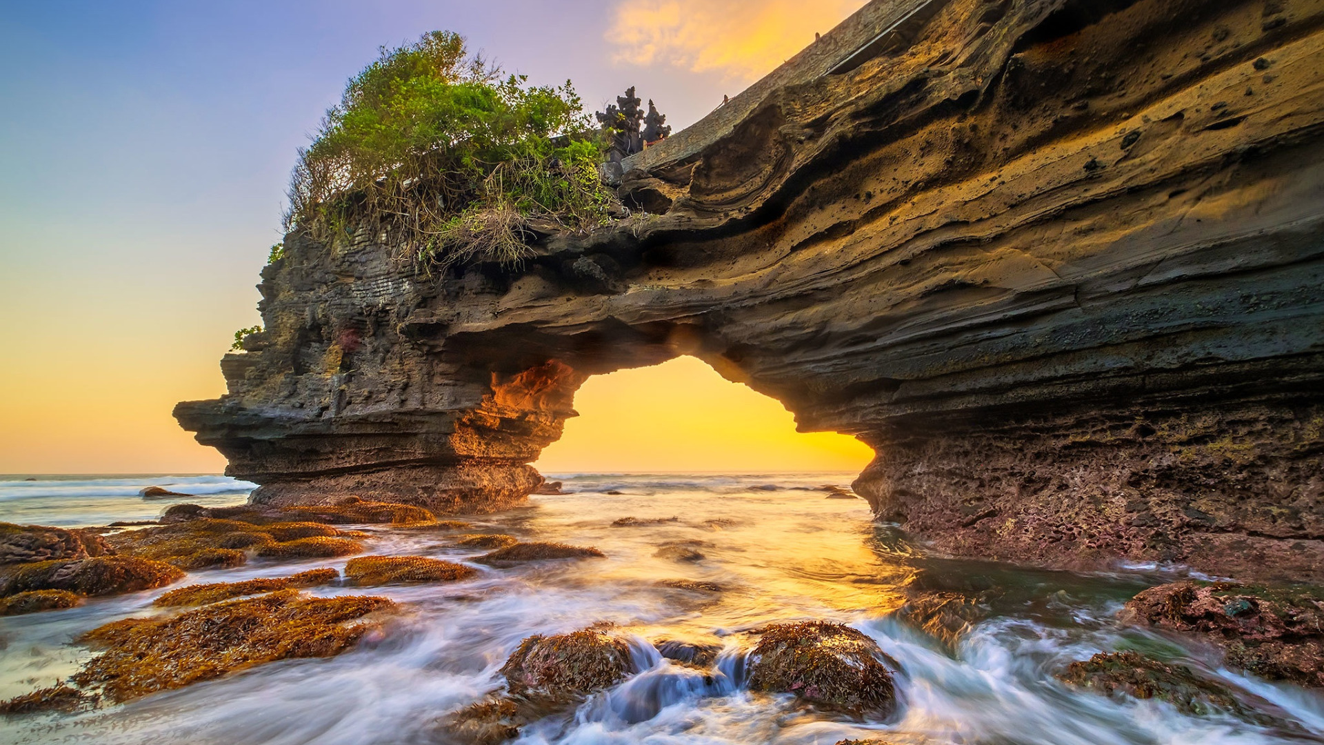 Download wallpaper rock, Indonesia, arch, the island of Bali, Tanah Lot,  section landscapes in resolution 1920x1080