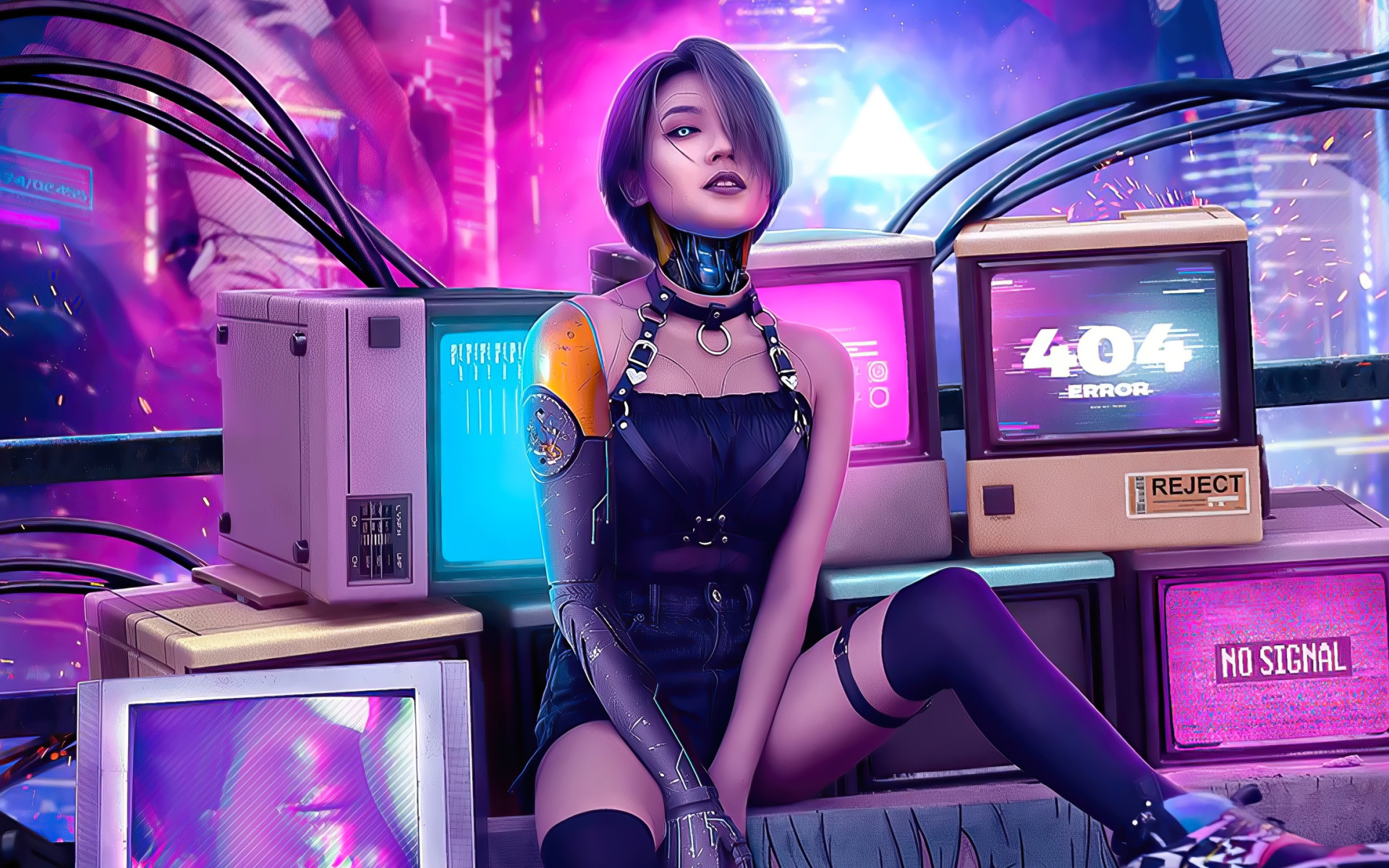 Download wallpaper sexy, future, the game, robot, technology, sparks, sexy,  robot, monitors, error 404, cyberpunk 2077, neon lights, sparks, monitors,  neon lights, cyberpunk 2077, section games in resolution 1920x1200
