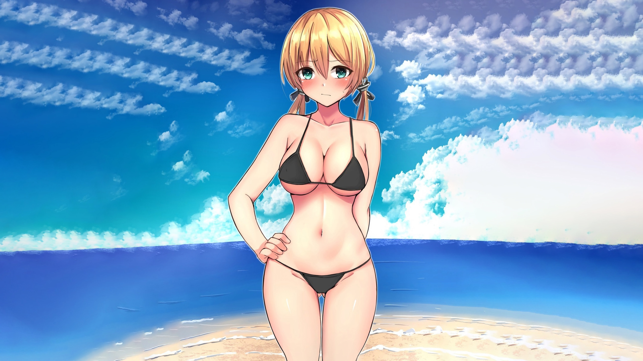 Download wallpaper sexy, beach, long hair, sea, boobs, anime, beautiful, blonde, swimsuit, breasts, bikini, attractive, handsome, section seinen in resolution 2560x1440