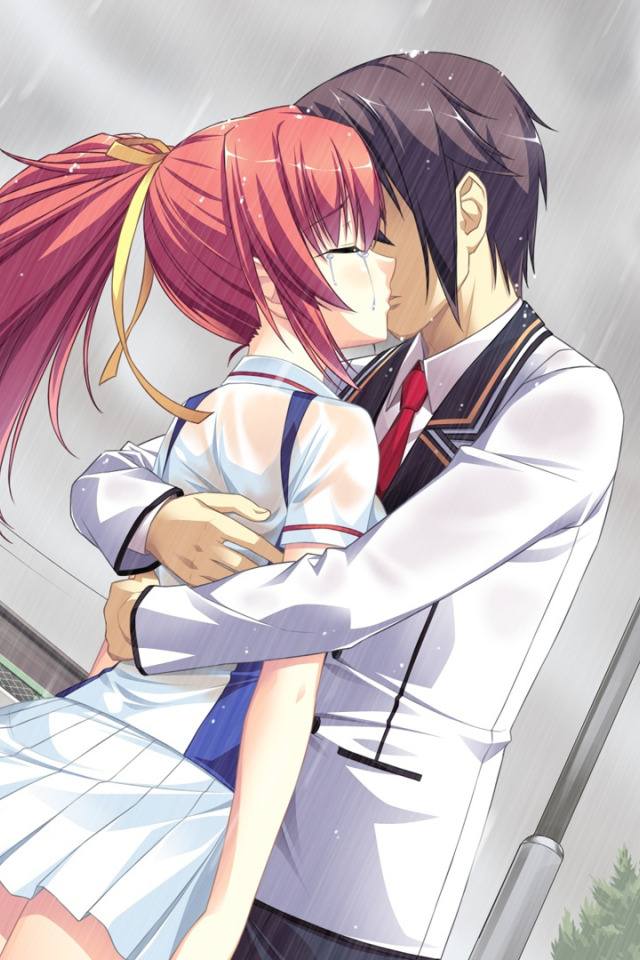 Download wallpaper girl, rain, the game, kiss, anime, art, guy, Mote Sugite  Shuraba na Ore, section other in resolution 640x960