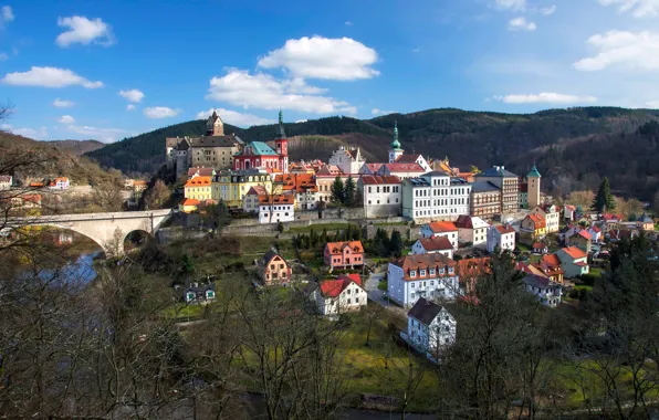 Picture trees, bridge, river, building, home, Czech Republic, panorama, Karlovy Vary, Czech Republic, Karlovy Vary, Loket …