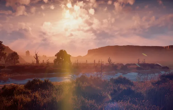 Picture landscape, sunset, river, rocks, desert, exclusive, Playstation 4, Guerrilla Games, Horizon Zero Dawn