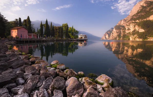 Picture trees, mountains, lake, reflection, stones, ship, Marina, Alps, Italy, Bank, Garda, Victor Zaitsev