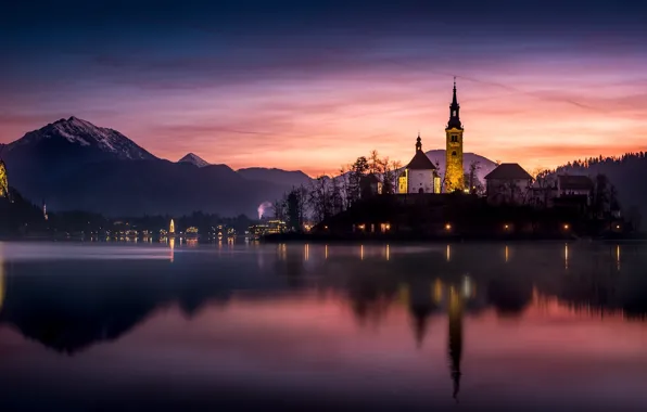 Picture sunset, mountains, night, lake, island, the evening, Slovenia, Lake bled, Bled, Church Of The Assumption …