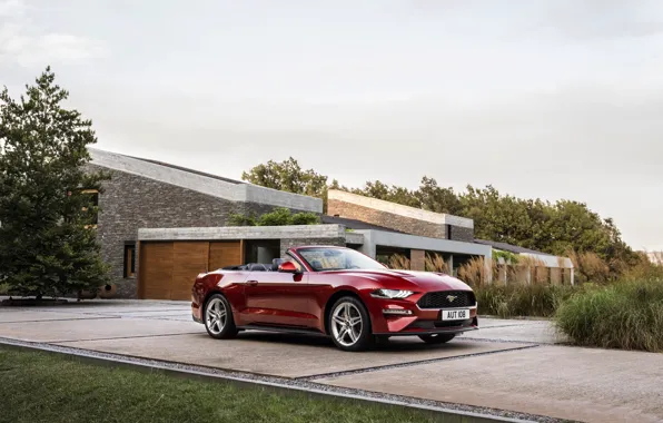 Picture lawn, the building, Ford, Parking, convertible, 2018, dark red, Mustang Convertible