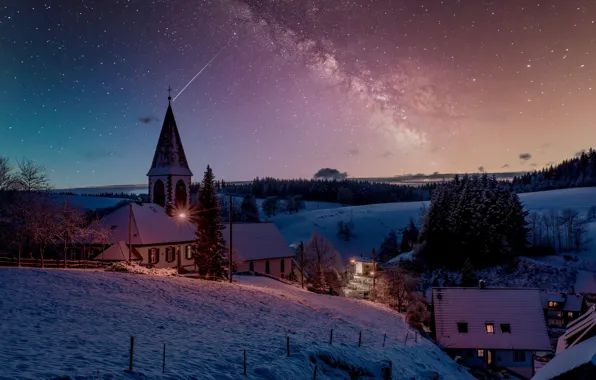 Picture winter, landscape, night, nature, home, stars, lighting, Church, the milky way, forest