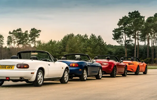 Picture Mazda, column, MX-5, roadsters, four generations (NA-NB-NC-ND)