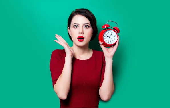 Picture look, girl, pose, background, watch, the situation, surprise, makeup, dress, brunette, alarm clock, hairstyle, green, …