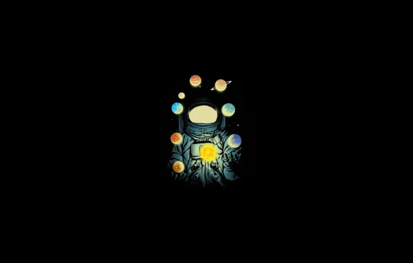 Picture space, minimalism, planets, artwork, black background, simple background, Astronaut