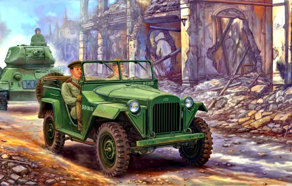Picture soldiers, USSR, Military, T-34-85, The Red Army, four-wheel drive, car, GAZ-67B