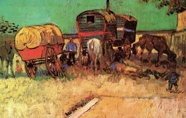Picture boy, horse, carts, Vincent van Gogh, with Caravans, Encampment of Gypsies