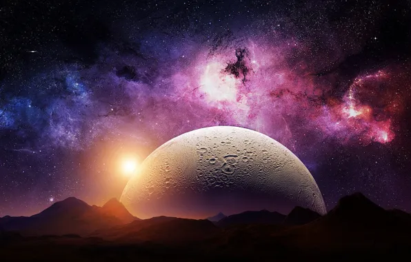 Wallpaper lights, space, universe, moon, sky, digital, nebula, mountains,  stars, night sky, planet, galaxy images for desktop, section космос -  download