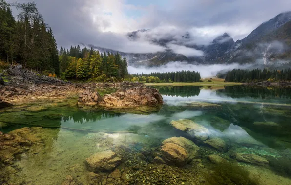 Picture clouds, trees, landscape, mountains, nature, lake, stones, the bottom, Italy, forest, Bank, Upper Fusine lake
