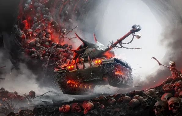 Picture fire, smoke, art, spikes, sparks, bones, tank, Halloween, skull, cave, chain, poster, skeletons, Xbox, headlights, …