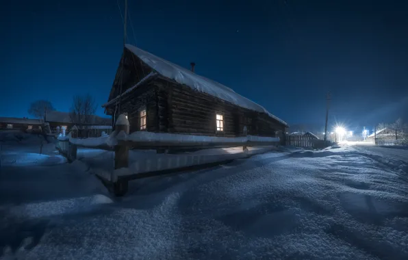 Picture winter, snow, landscape, night, nature, village, home, lights, fence, Perm Krai, Andrei, Grigor