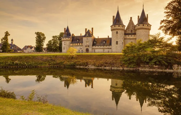 Picture the sky, water, the sun, trees, reflection, river, castle, France, home, Chaumont Castle