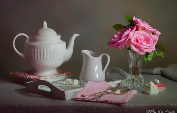 Picture flowers, style, roses, kettle, sugar, still life, cakes, napkin, tray, vase, spoon