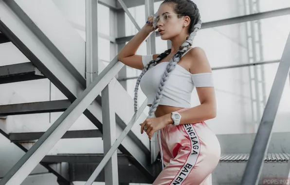 Picture girl, pose, watch, glasses, ladder, braids, Andrey Popenko