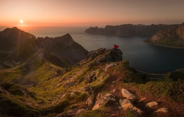 Picture sea, the sun, rays, mountains, rocks, woman, island, Norway, Senja, Vladimir Kushnarev
