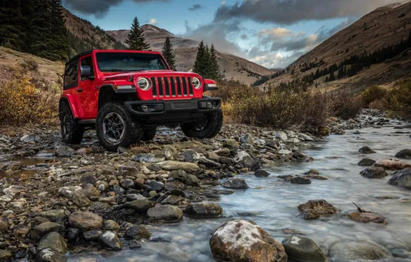 Picture water, mountains, red, stones, 2018, Jeep, Wrangler Rubicon