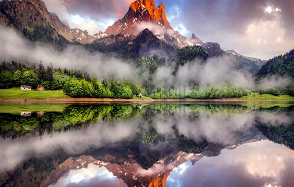Picture forest, mountains, nature, fog, lake, reflection