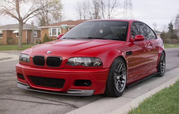Picture BMW, Red, E46, Lawn, M3