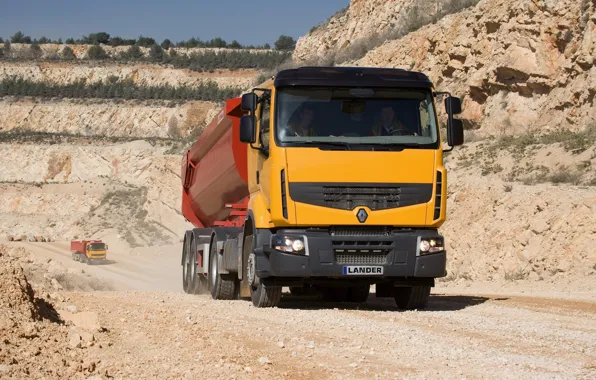 Picture orange, vegetation, truck, Renault, body, tractor, quarry, the trailer, Premium Lander, Renault Trucks