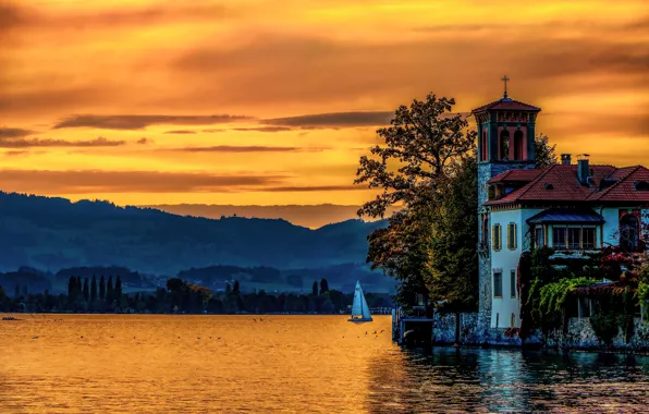 Picture trees, sunset, mountains, lake, house, the building, yacht, Switzerland, Alps, Switzerland, Alps, Lake Thun, Lake …