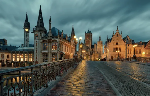 Picture bridge, the city, river, home, the evening, lights, Cathedral, tower, Belgium, Ghent