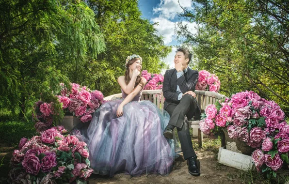 Picture girl, happiness, flowers, Park, dress, male, lovers, smile, peonies