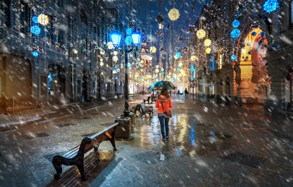 Picture girl, snow, street, building, home, lights, Moscow, Russia, night city, garland, benches, illumination, Eduard Gordeev, …