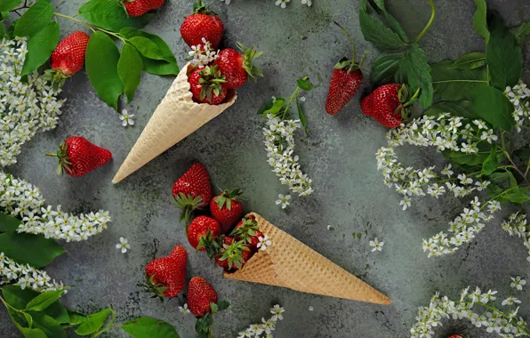 Picture flowers, berries, strawberry, horn, dessert, composition, waffle, cherry