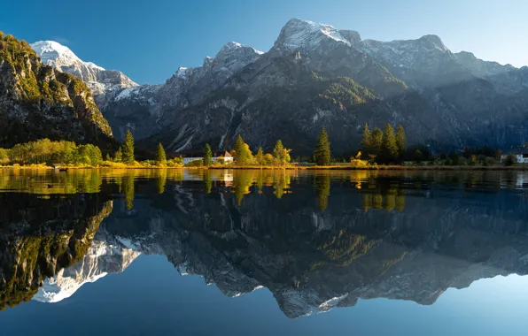 Picture trees, mountains, lake, reflection, Austria, Alps, Austria, Alps, Almsee, Lake Else, Lake Alm, Lake Alm