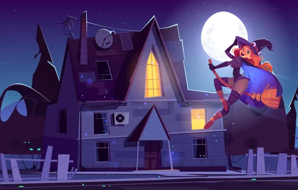 Picture Night, The moon, House, Smile, Witch, Halloween, Halloween, Flight, Red, The full moon, Haunted house, …
