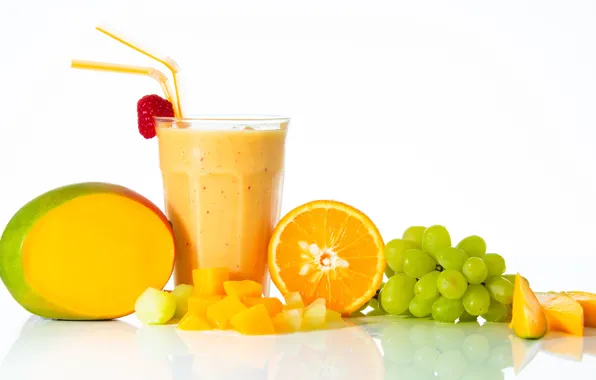 Picture glass, berries, background, orange, grapes, drink, fruit, mango, tube, smoothies
