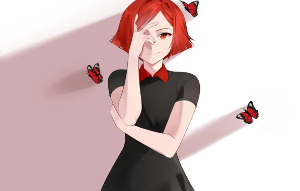 Picture look, girl, butterfly, anime, art, red hair, Sunnypoppy