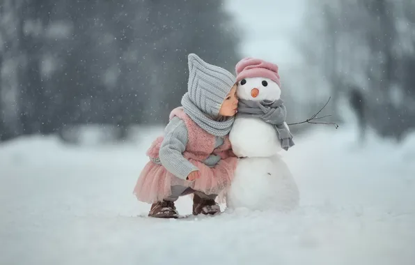 Picture winter, snow, girl, snowman, friends, secret