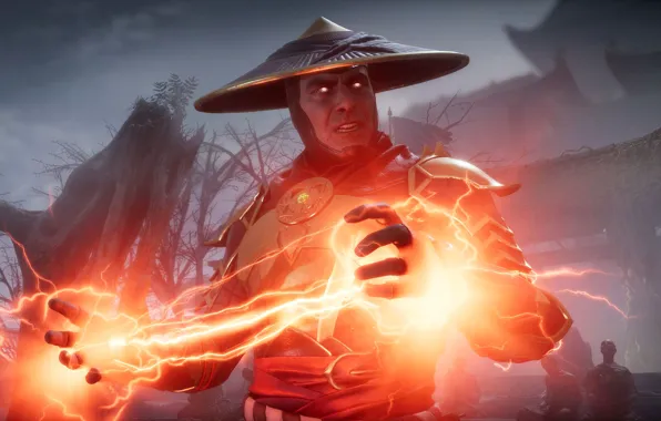 Picture red, game, lightning, fighting, Raiden, god of thunder, screenshot, NetherRealm Studios, 2019, Mortal Kombat 11