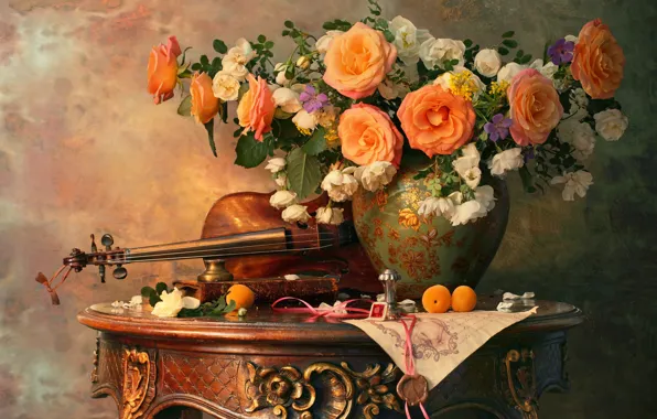 Picture flowers, style, violin, roses, bouquet, vase, still life, apricots, Andrey Morozov