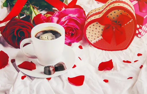 Picture flowers, gift, roses, bouquet, hearts, red, red, love, flowers, romantic, hearts, chocolate, coffee cup, valentine's …