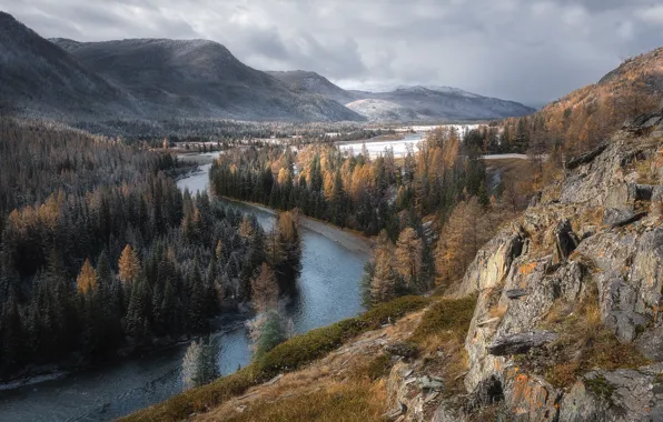 Picture autumn, snow, landscape, mountains, nature, river, valley, forest, Altay, Paul Kalinenko, Koksu valley