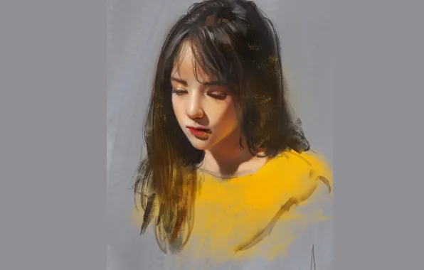 Picture face, eyelashes, sponge, grey background, long hair, closed eyes, yellow jacket, portrait of a girl, …