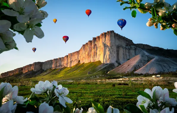 Picture landscape, branches, balloons, rocks, Apple, flowering, Crimea, White Rock, AK-Kaya, Юрий Уфимцев