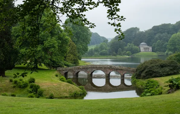 Picture trees, bridge, lake, England, panorama, Stored, England, Wiltshire, Wiltshire, the landscape Park, Stourhead Gardens