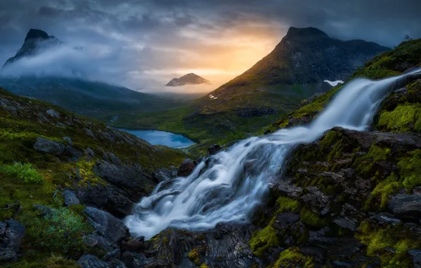 Picture mountains, fog, dawn, waterfall, morning, Norway, Norway, Romsdalen Valley, Valley Of Romsdalen