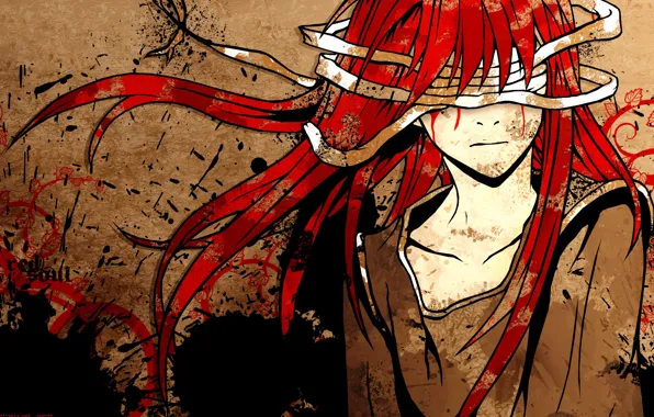 Picture blots, guy, eye patch, bloody tears, bandages, torn clothes, blood spatter, red volossy, red soul